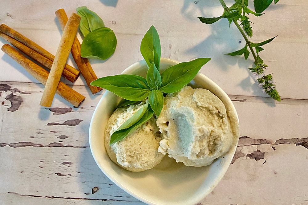 Sweet Basil and Cinnamon soft serve ice cream – dairy free and refined sugar free